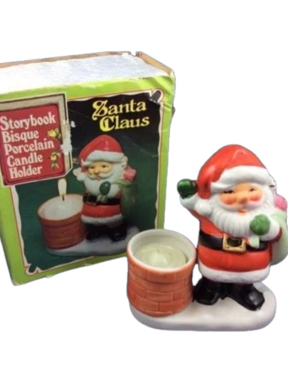 Vintage Santa Claus Candle Holder Story book Bisque Porcelain Christmas 1980s
